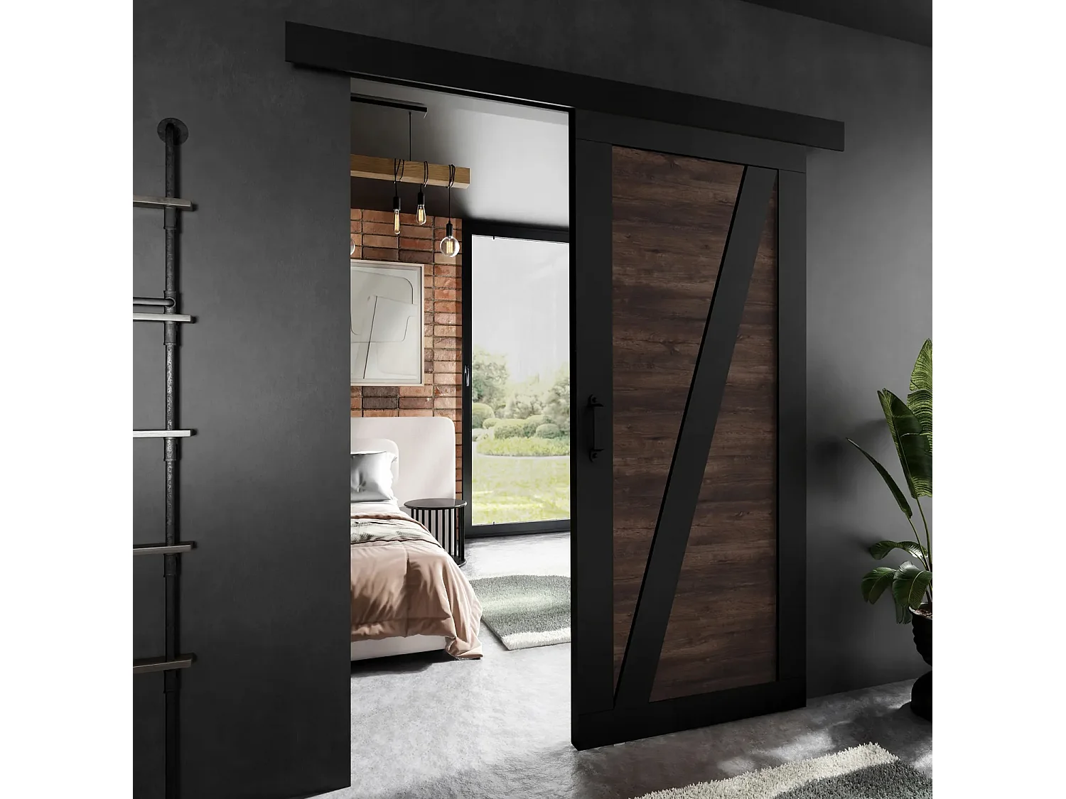 Porte coulissante ADIO 3 avec cache-rail noir et frêne foncé 60