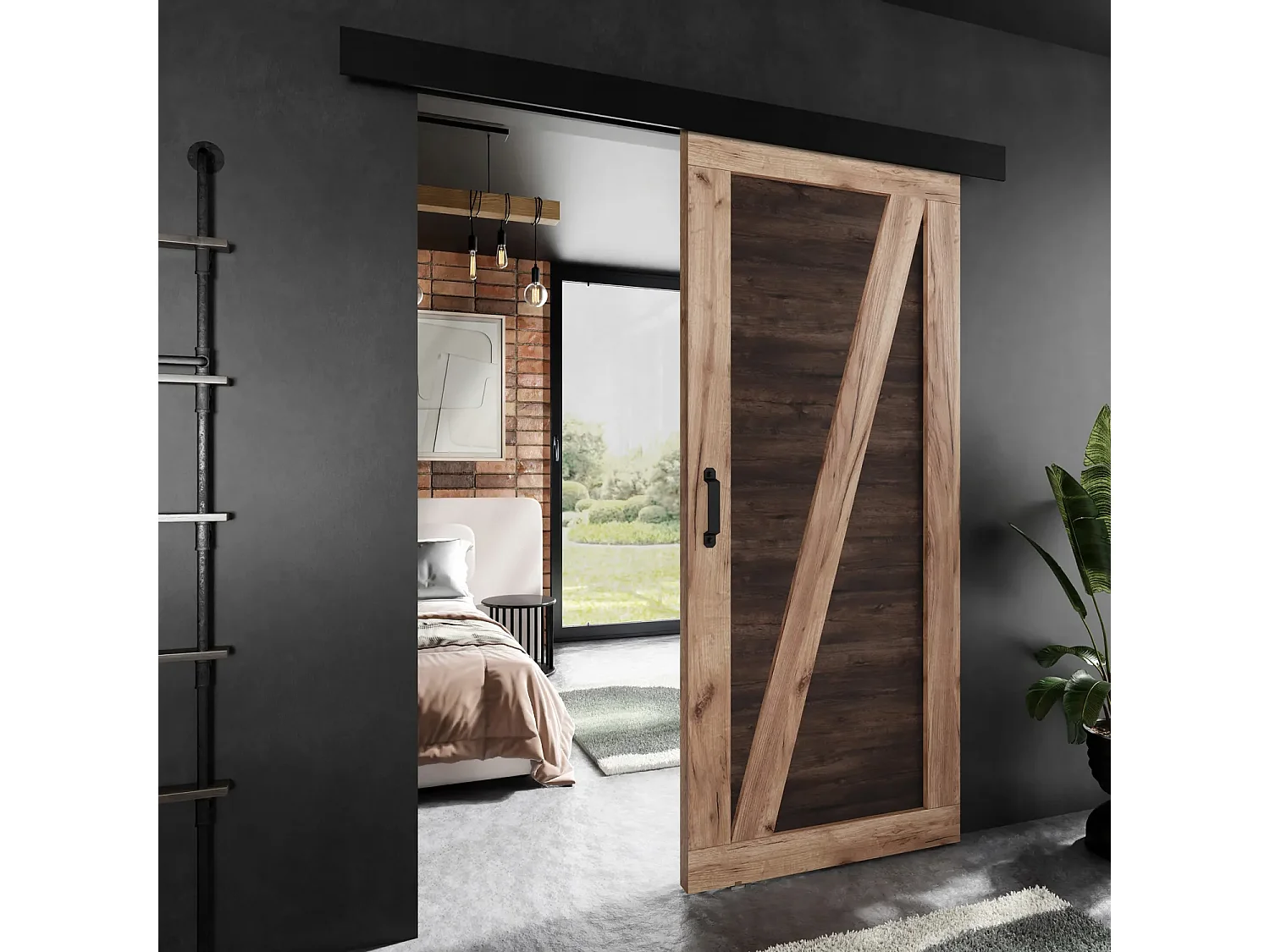 Porte coulissante ADIO 3 avec cache-rail chêne craft doré et frêne 100