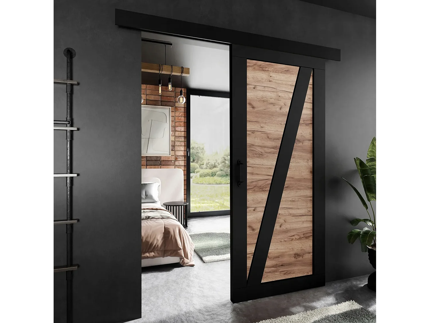 Porte coulissante ADIO 3 avec cache-rail noir et chêne craft doré 90