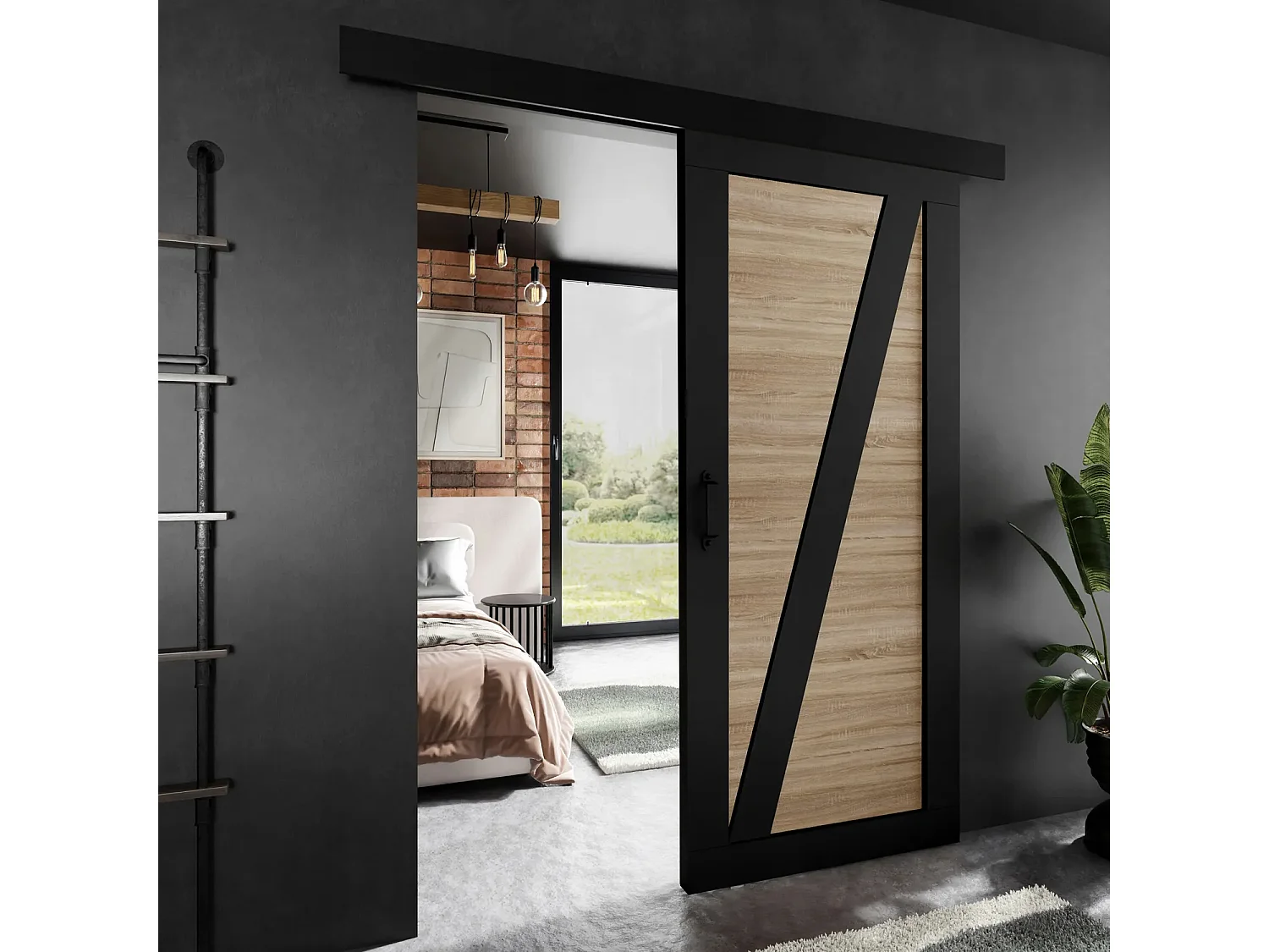 Porte coulissante ADIO 3 avec cache-rail noir et chêne sonoma 90