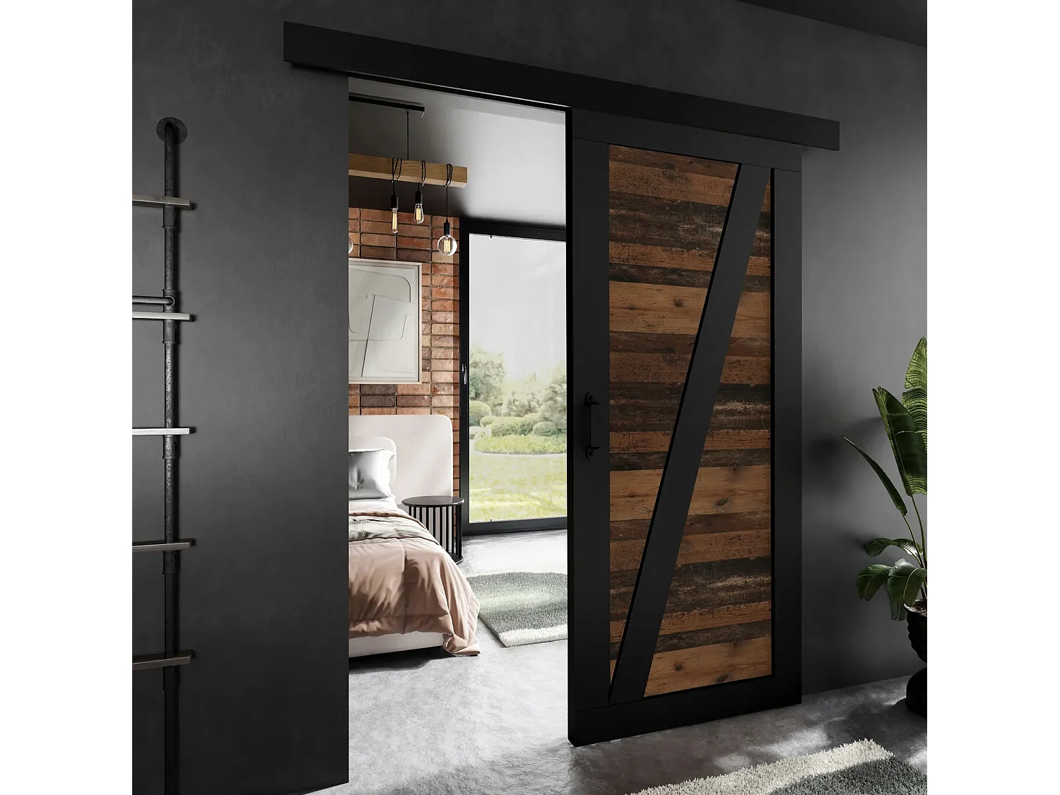 Porte coulissante ADIO 3 avec cache-rail noir et Old Style 90