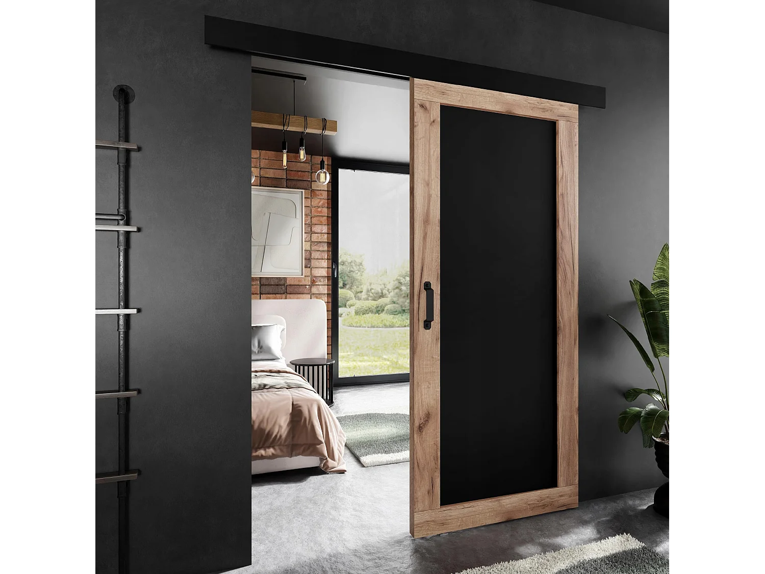 Porte coulissante ADIO 1 avec cache-rail chêne craft doré et noir 80