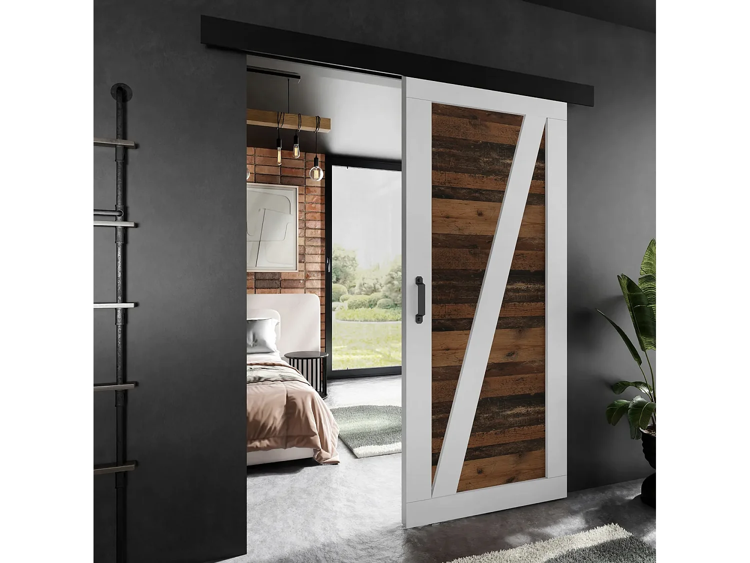 Porte coulissante ADIO 3 avec cache-rail blanc et Old Style 100
