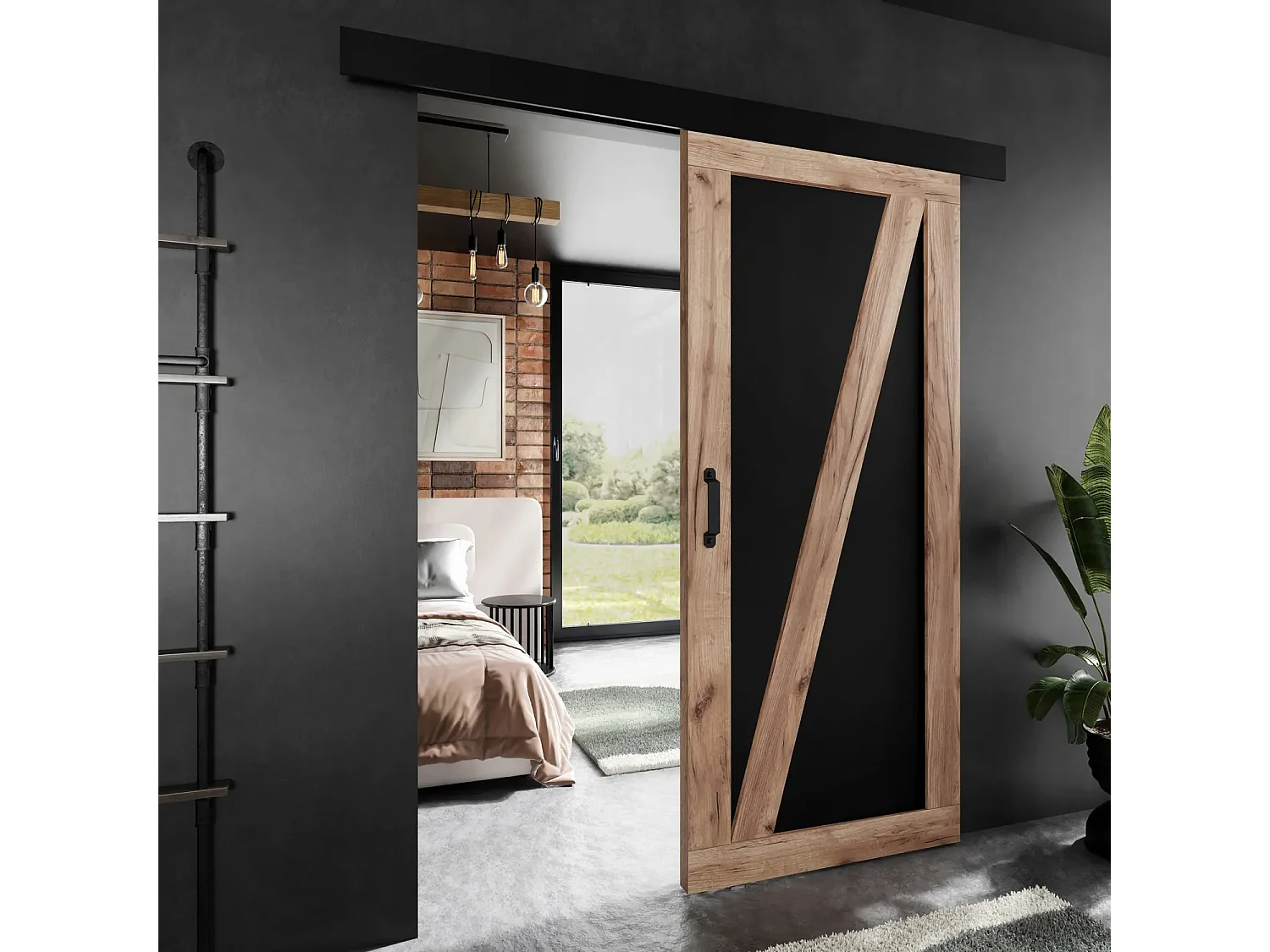 Porte coulissante ADIO 3 avec cache-rail chêne craft doré et noir 60