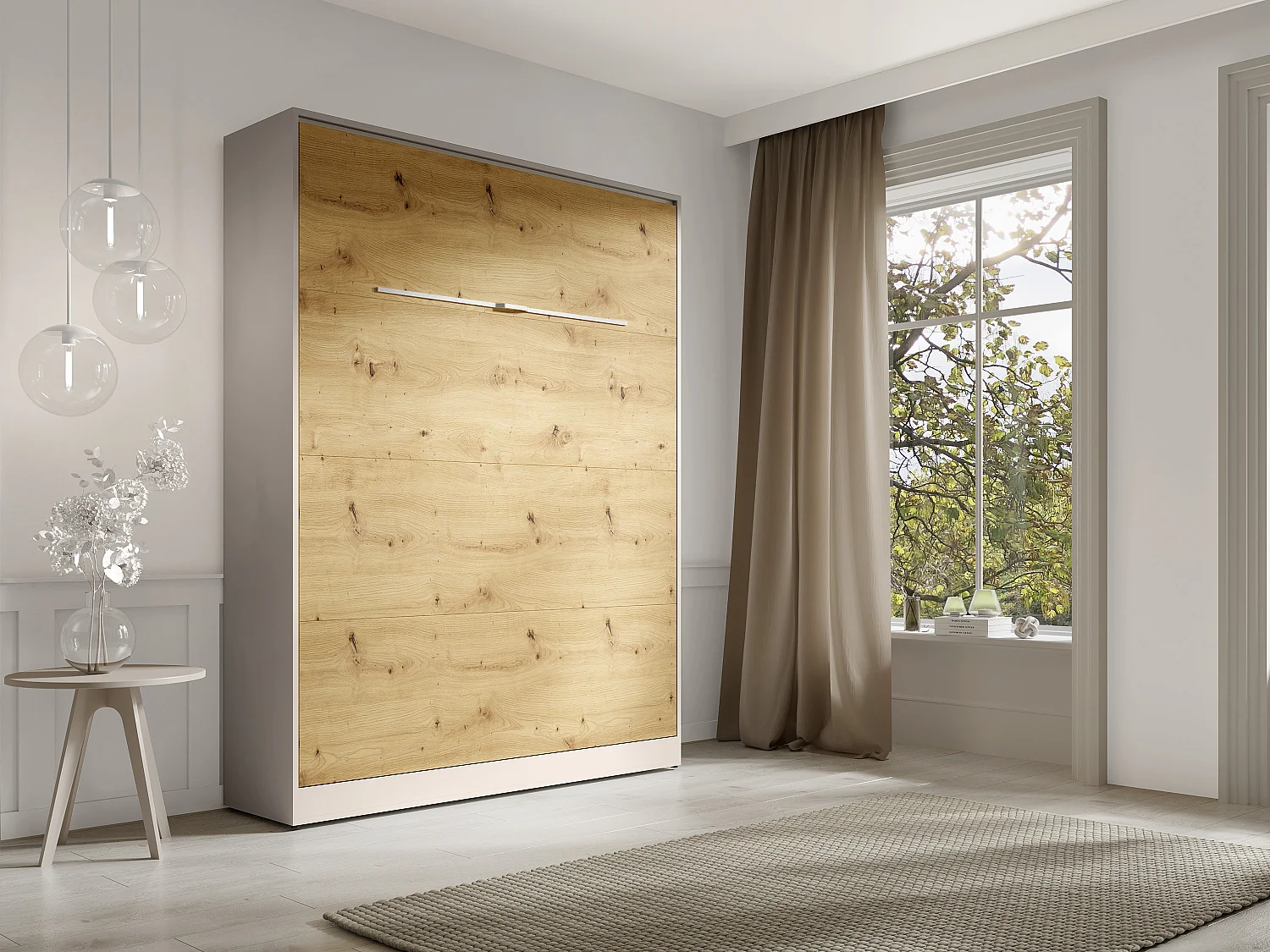 Lit escamotable 160 x 200 cm - Ouverture verticale manuelle - Avec LEDs – Beige et naturel + Matelas - RAPILI