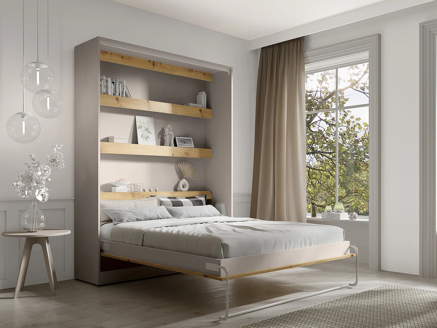 Lit escamotable 160 x 200 cm - Ouverture verticale manuelle - Avec LEDs – Beige et naturel + Matelas - RAPILI