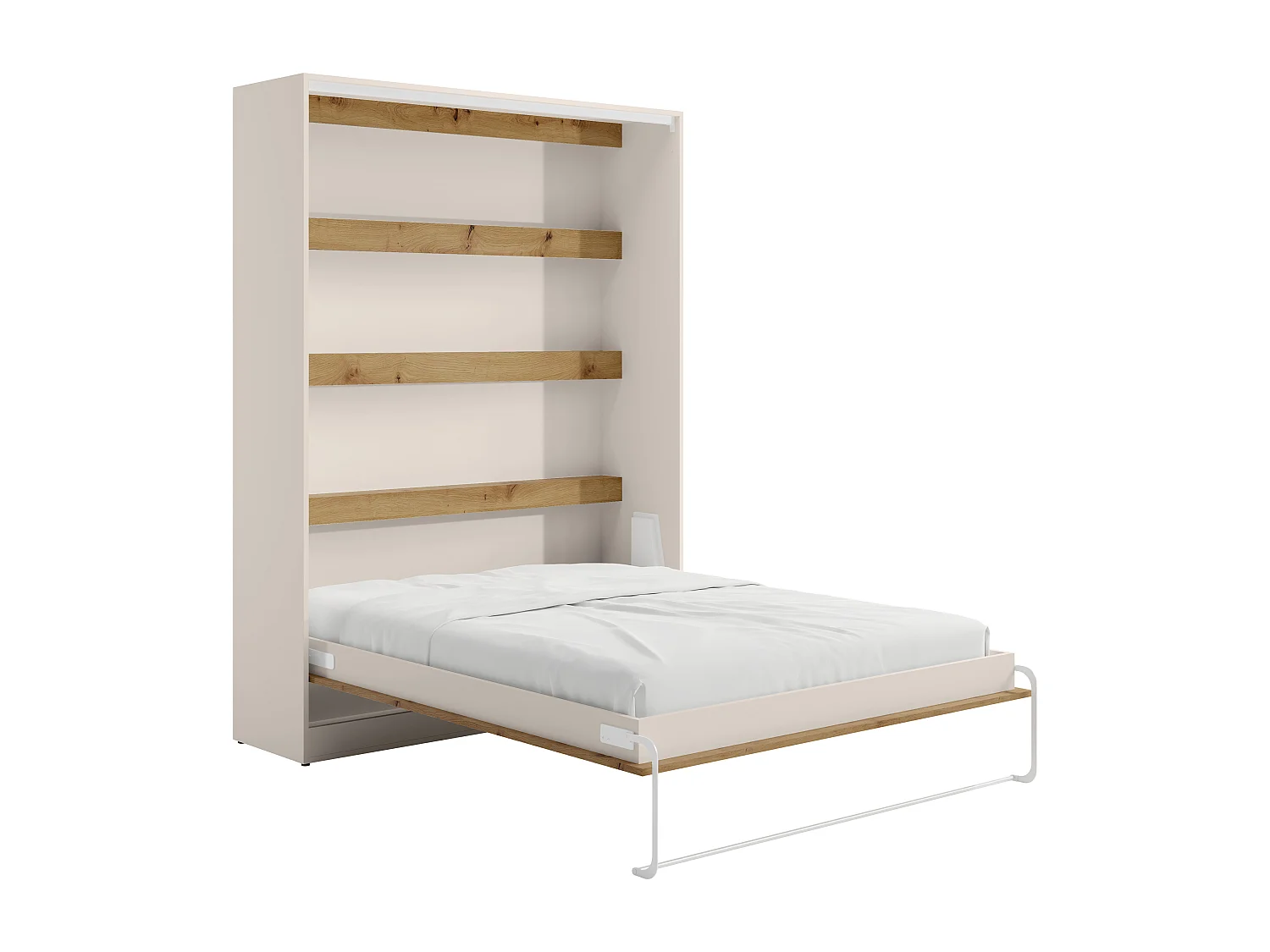 Lit escamotable 160 x 200 cm - Ouverture verticale manuelle - Avec LEDs – Beige et naturel + Matelas - RAPILI