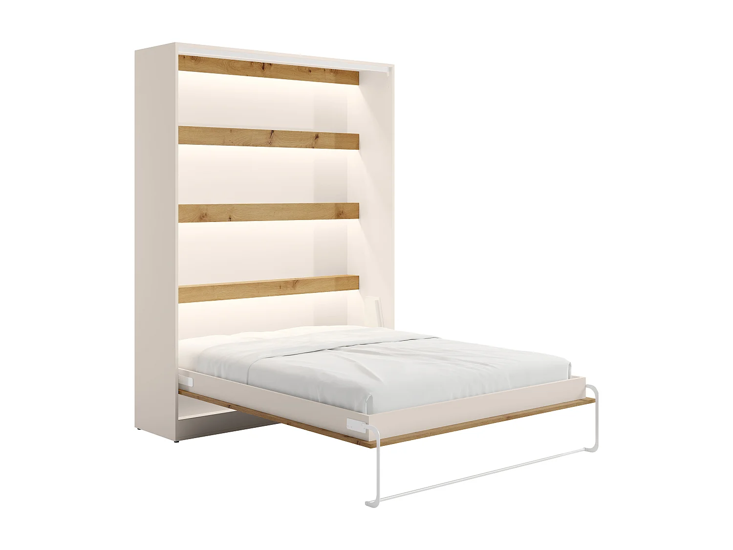 Lit escamotable 160 x 200 cm - Ouverture verticale manuelle - Avec LEDs – Beige et naturel + Matelas - RAPILI
