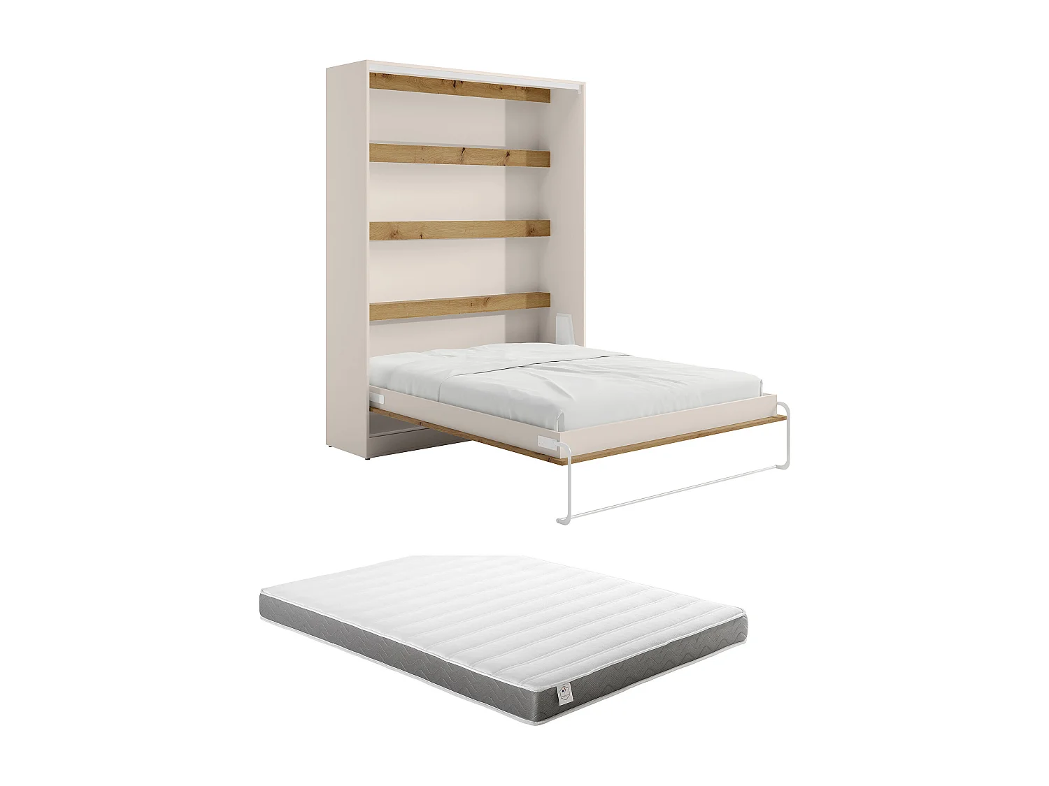 Lit escamotable 160 x 200 cm - Ouverture verticale manuelle - Avec LEDs – Beige et naturel + Matelas - RAPILI