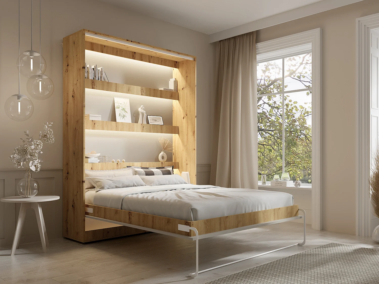 Łóżko chowane w szafie 160 x 200 cm - Otwieranie pionowe manualne- Z diodami LED – Beżowy i naturalny + Materac - RAPILI