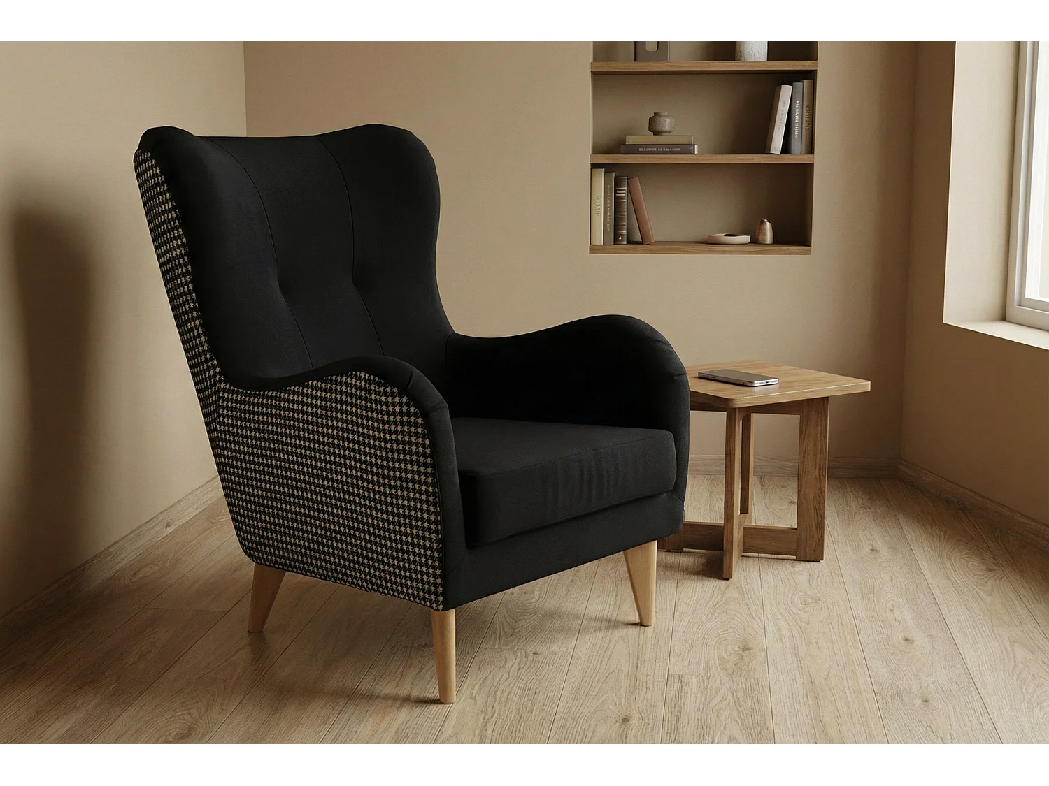 Élégant fauteuil de détente avec assise et dossier profilés.