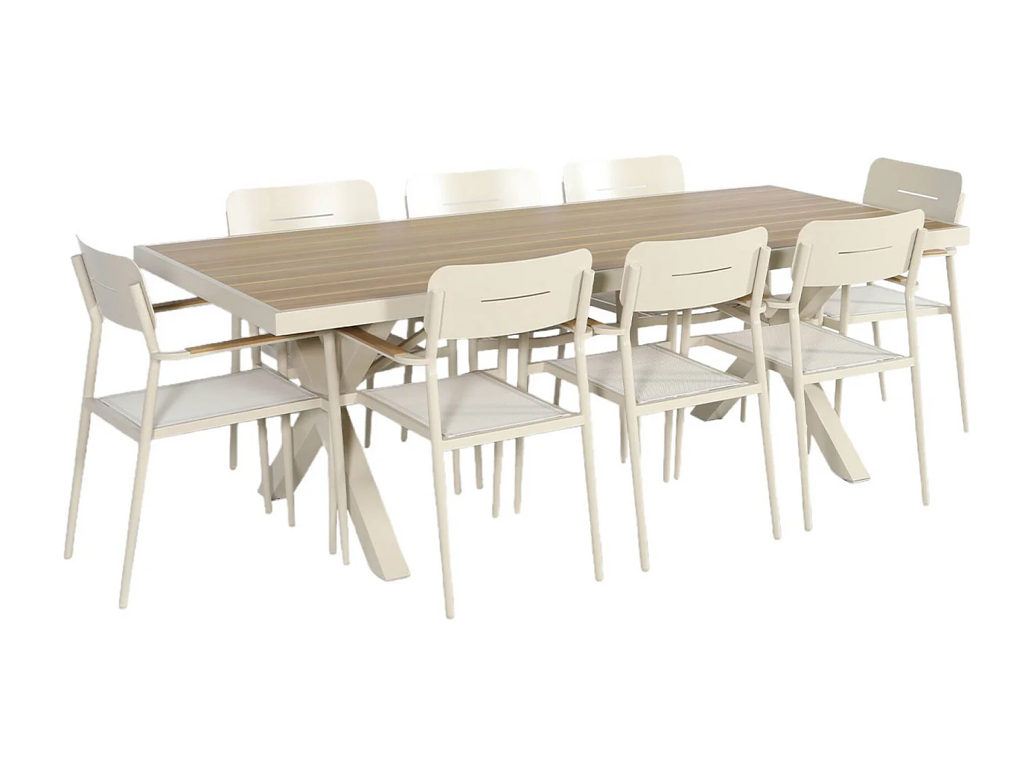 Table de jardin aluminium + 8 assises. table avec pieds en croix beige - Elina / Fira