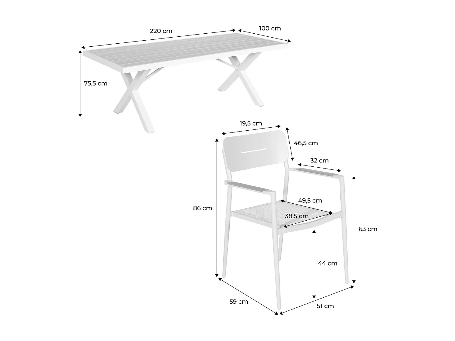 Table de jardin aluminium + 8 assises. table avec pieds en croix beige - Elina / Fira