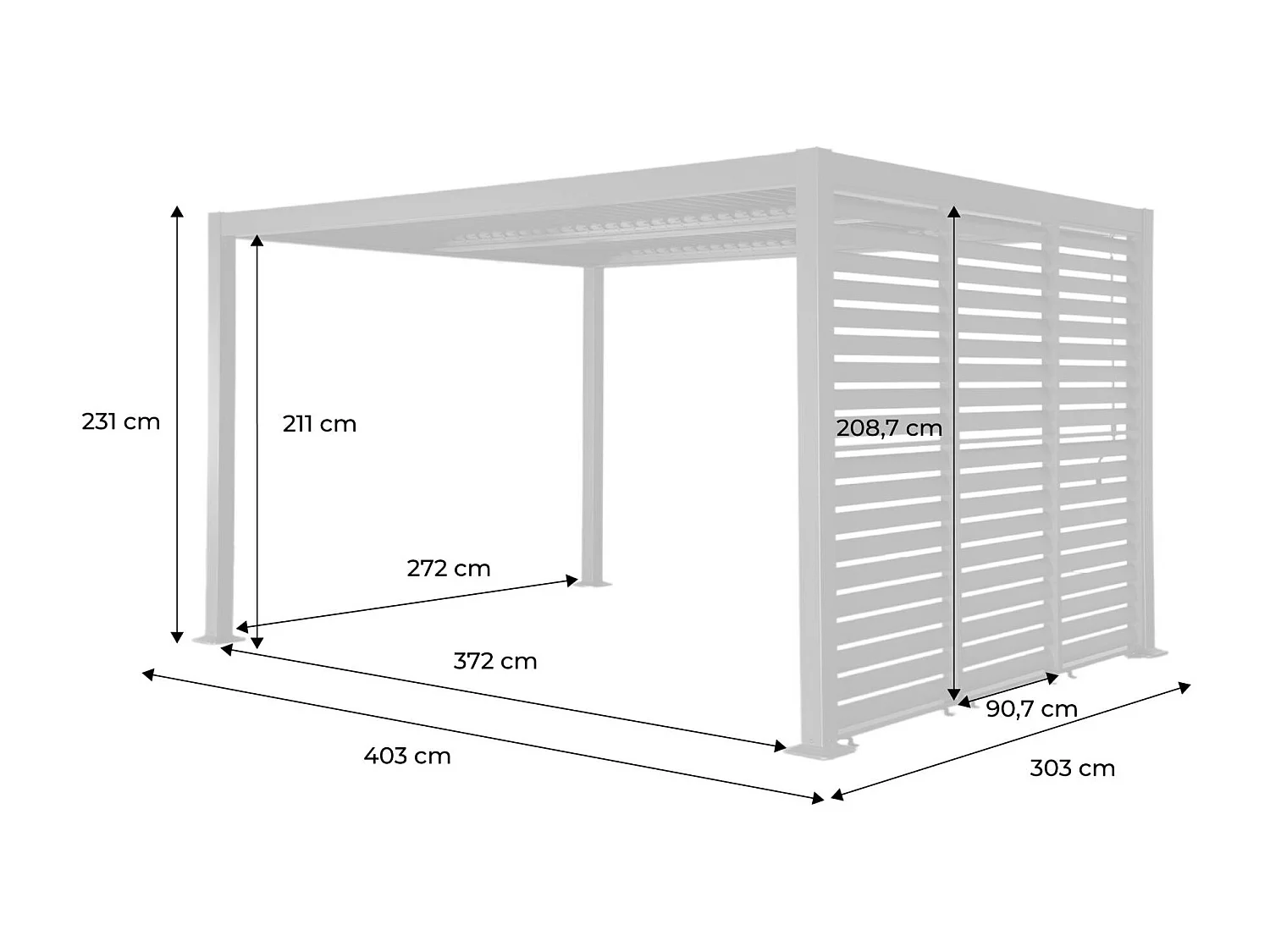 Pergola bioclimatica 3x4m in alluminio e acciaio + 3 persiane 1m,