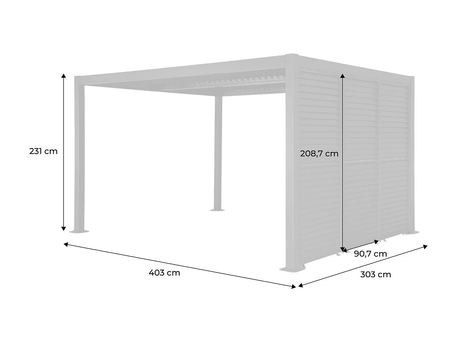 Pergola bioclimatica 3x4m in alluminio e acciaio + 3 tende 1m con