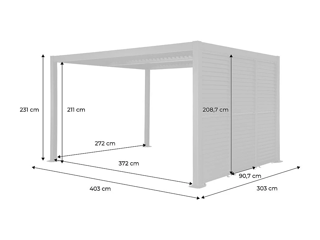 Pergola bioclimatica 3x4m in alluminio e acciaio + 3 tende 1m con