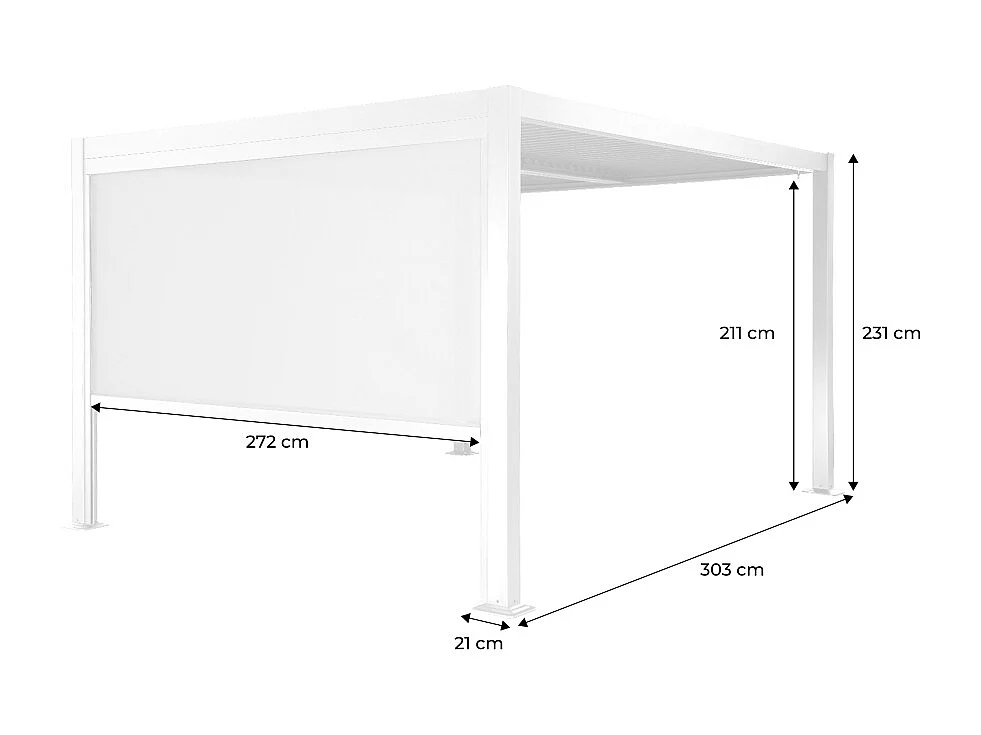 Pergola bioclimatica 3x3m in alluminio e acciaio + tenda 3m, bianco