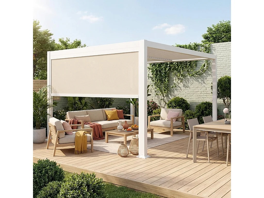 Pergola bioclimática de aluminio y acero 3x3m  + 1 toldo de 3m blanco