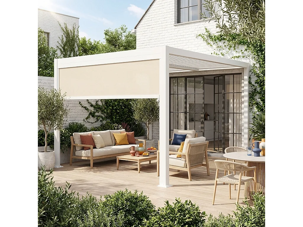 Pergola bioclimática de aluminio y acero 3x3m  + 1 toldo de 3m blanco