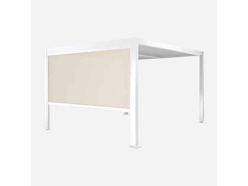 Pergola bioclimatica 3x3m in alluminio e acciaio + tenda 3m, bianco
