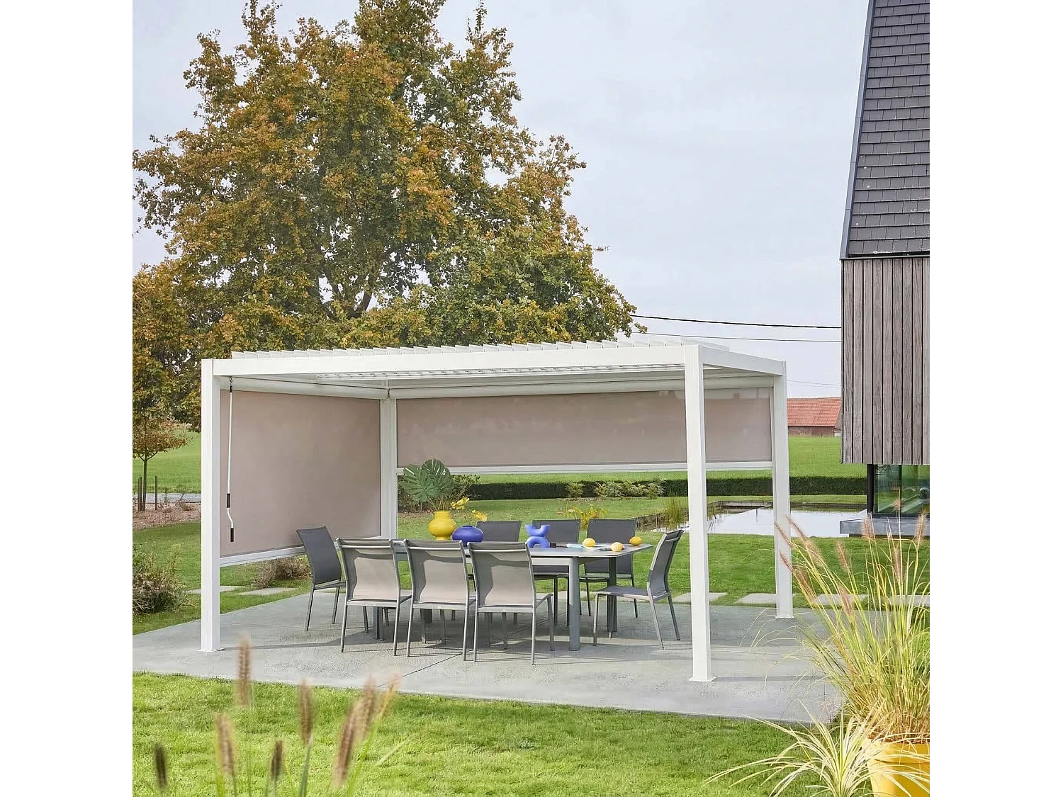 Pérgola bioclimática  aluminio y acero 3x4m con toldo de 3m + toldo de