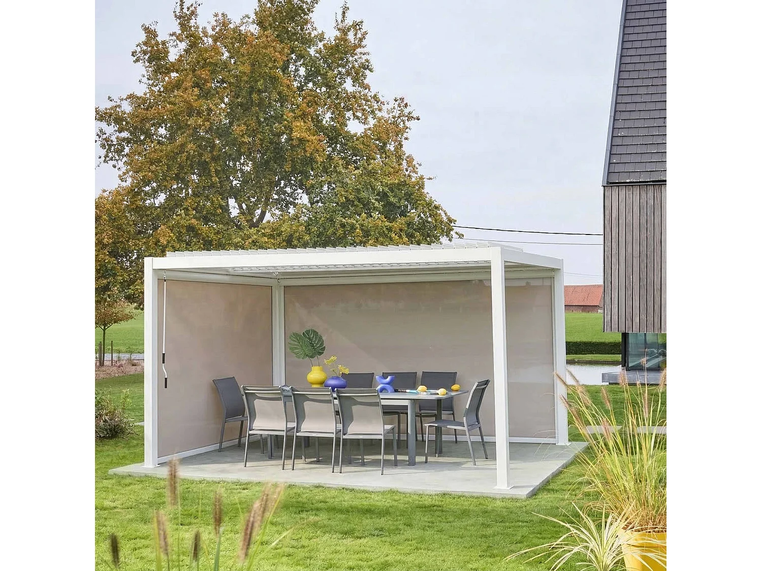 Pérgola bioclimática  aluminio y acero 3x4m con toldo de 3m + toldo de