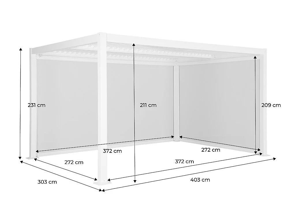 Pérgola bioclimática  aluminio y acero 3x4m con toldo de 3m + toldo de