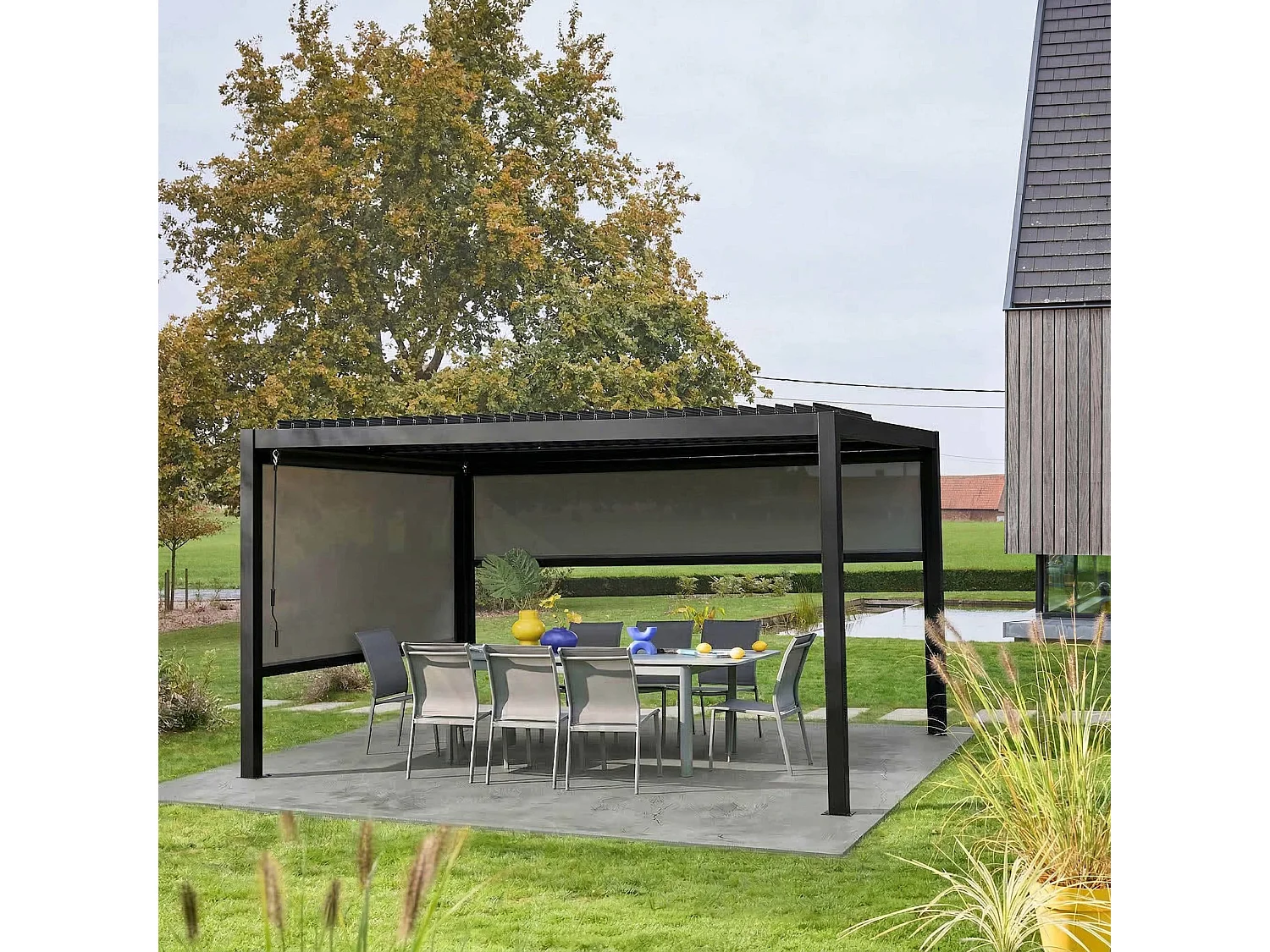 Pérgola bioclimática  aluminio y acero 3x4m con toldo de 3m + toldo de