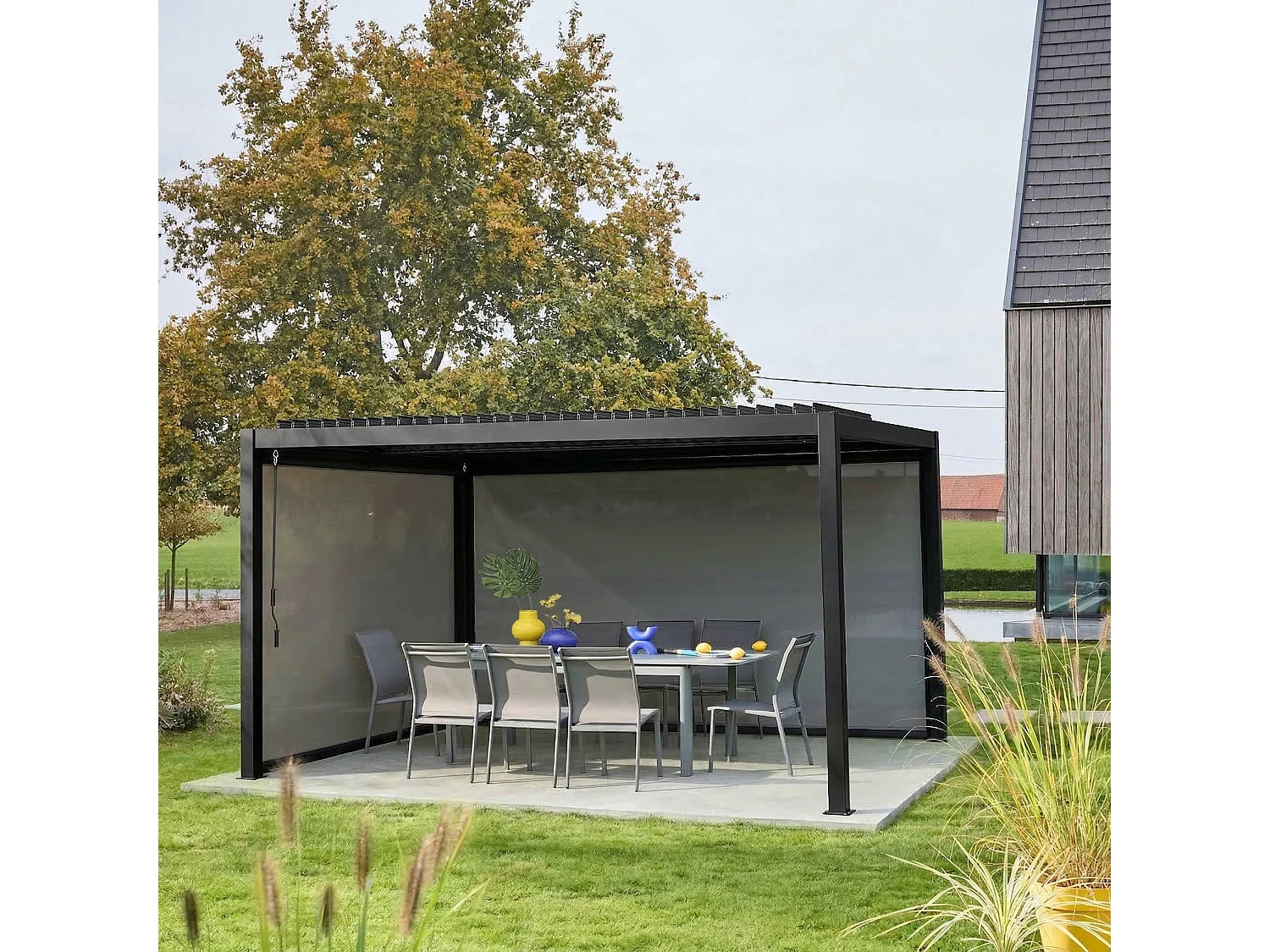 Pérgola bioclimática  aluminio y acero 3x4m con toldo de 3m + toldo de