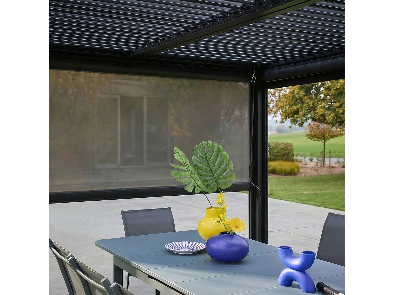 Pérgola bioclimática  aluminio y acero 3x4m con toldo de 3m + toldo de
