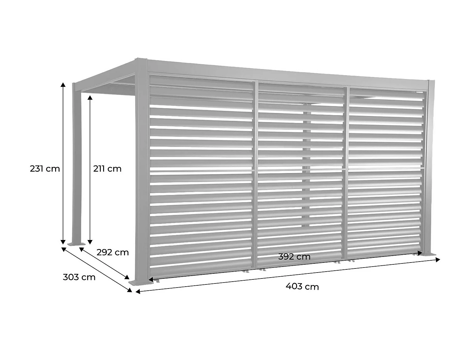 Pergola bioclimatica 3x4m in alluminio e acciaio + 3 persiane 1.3m,