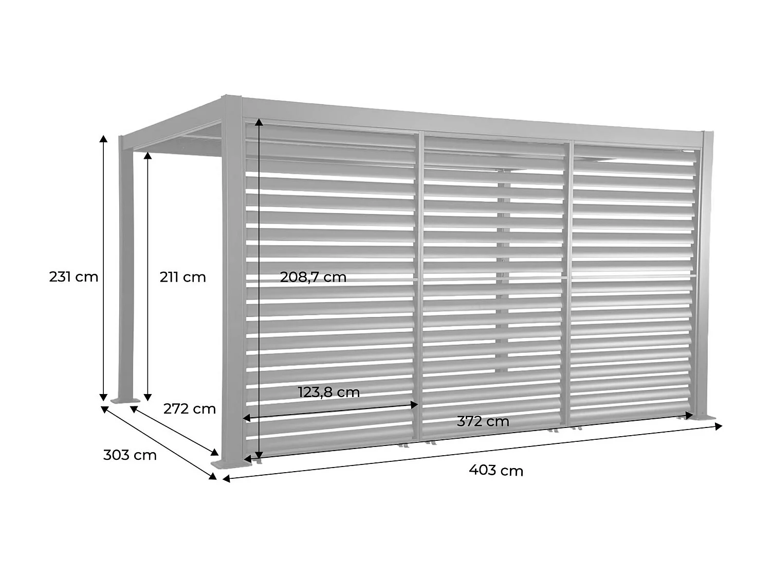 Pergola bioclimatica 3x4m in alluminio e acciaio + 3 persiane 1.3m,