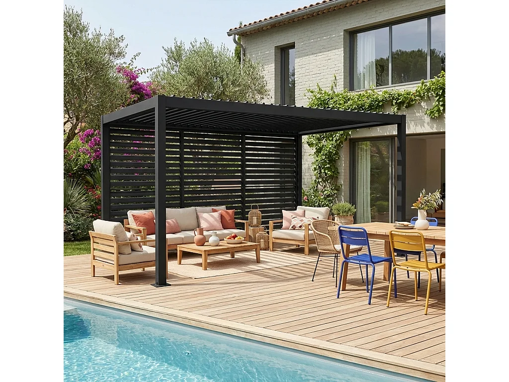 Pergola bioclimatique aluminium et acier 4x3m + 3 persiennes 130cm anthracite Palace