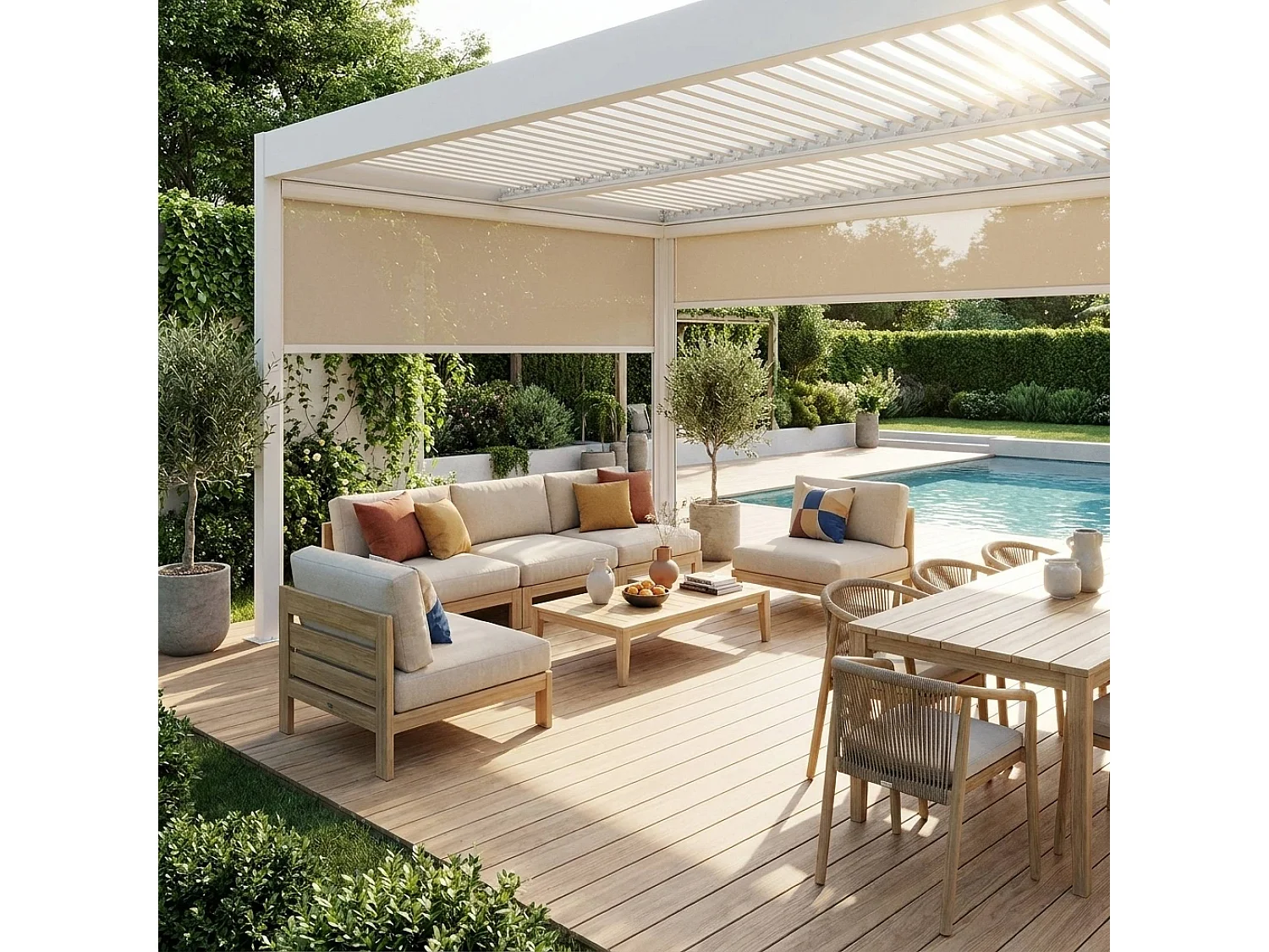 Pergola bioclimatica 3x4m in alluminio e acciaio +  2 tende 3m + 1