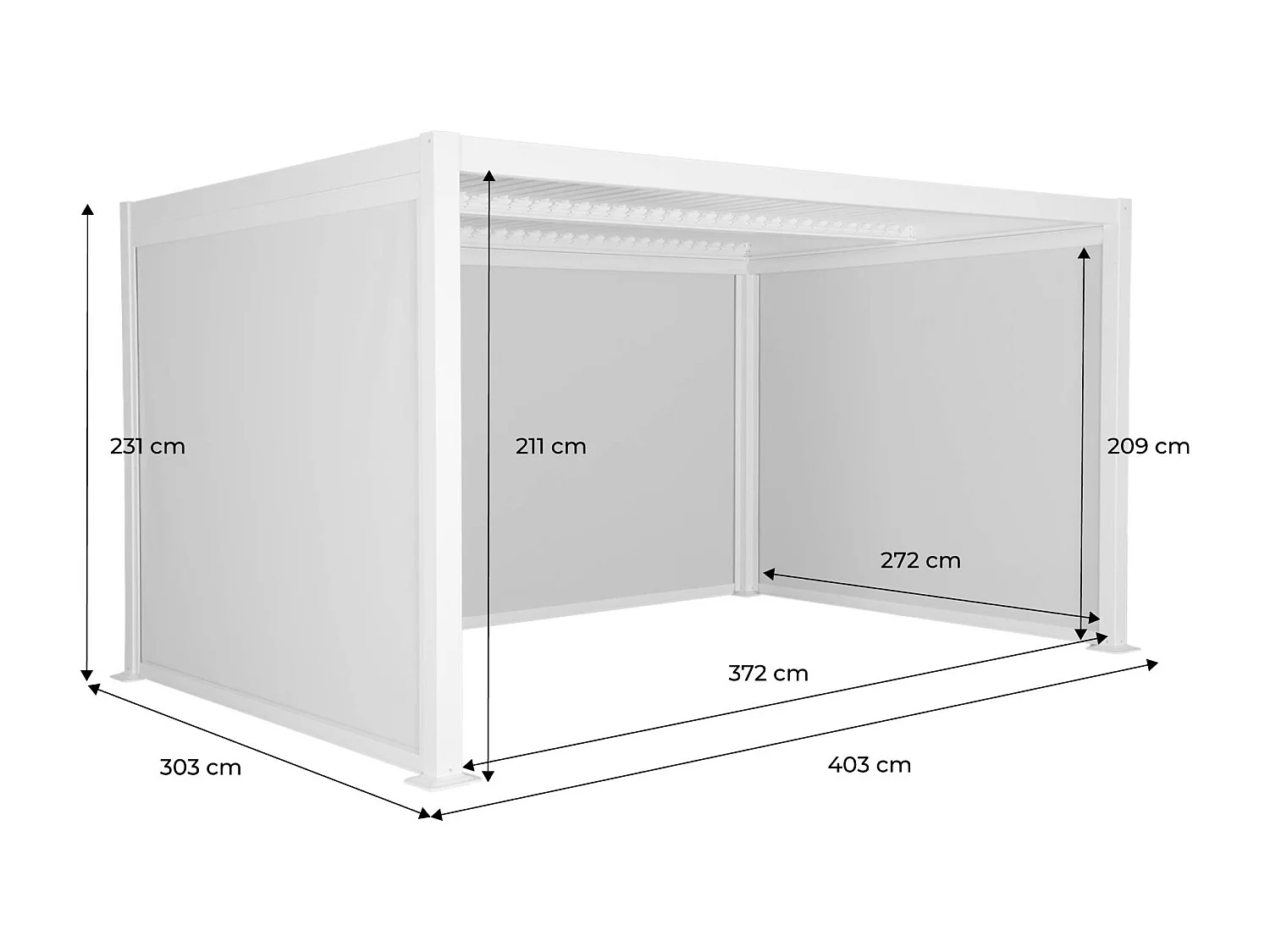 Pérgola bioclimática de aluminio y acero, 3x4m con 2 toldos 3m + 1