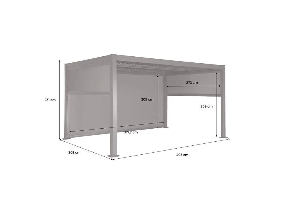 Pérgola bioclimática de aluminio y acero, 3x4m con 2 toldos 3m + 1