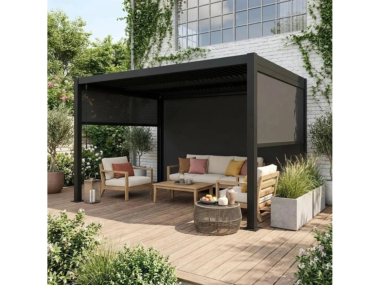Pérgola bioclimática de aluminio y acero, 3x4m con 2 toldos 3m + 1