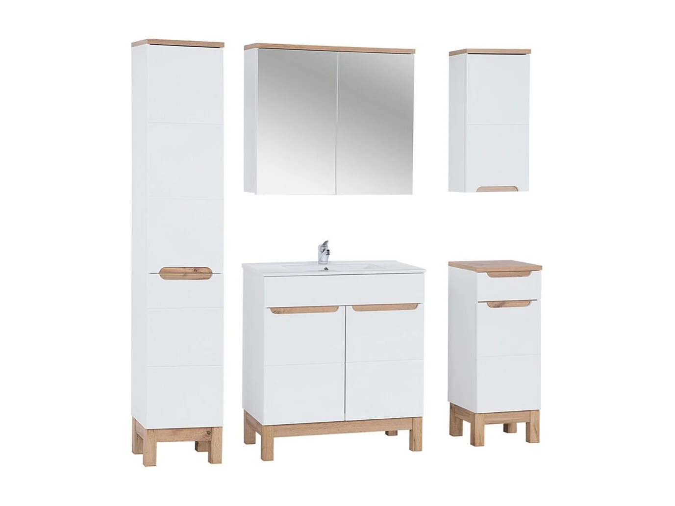 Ensemble ERMANO : meuble sous vasque 80cm + vasque à encastrer + siphon + colonne + rangements avec miroirs