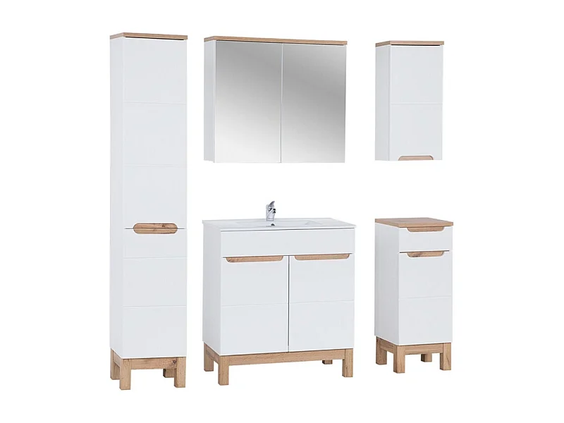 Ensemble ERMANO : meuble sous vasque 80cm + vasque à encastrer + siphon + colonne + rangements avec miroirs