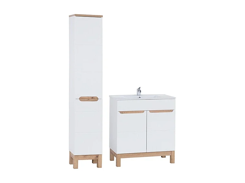 Ensemble de salle de bain ERMANO : meuble sous vasque 80cm + vasque à encastrer + siphon + colonne avec panier à linge