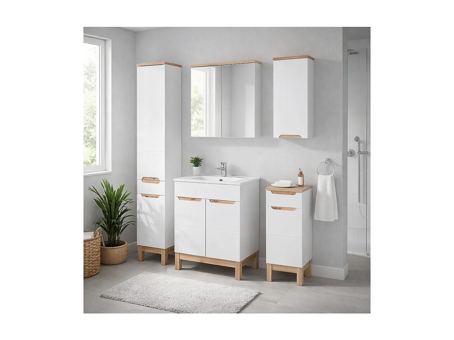 Ensemble ERMANO : meuble sous vasque 60cm + vasque à encastrer + siphon + colonne + rangements + meuble avec miroirs