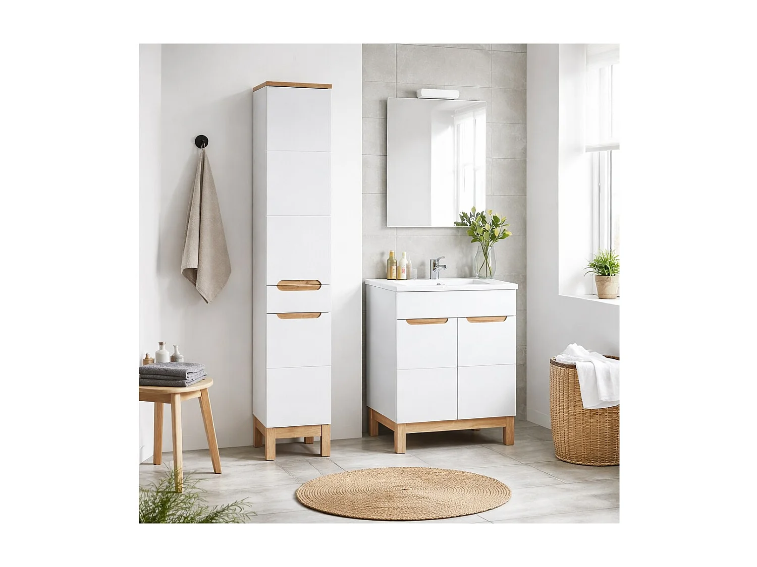 Ensemble de salle de bain ERMANO : meuble sous vasque 60cm + vasque à encastrer rectangulaire + siphon + colonne