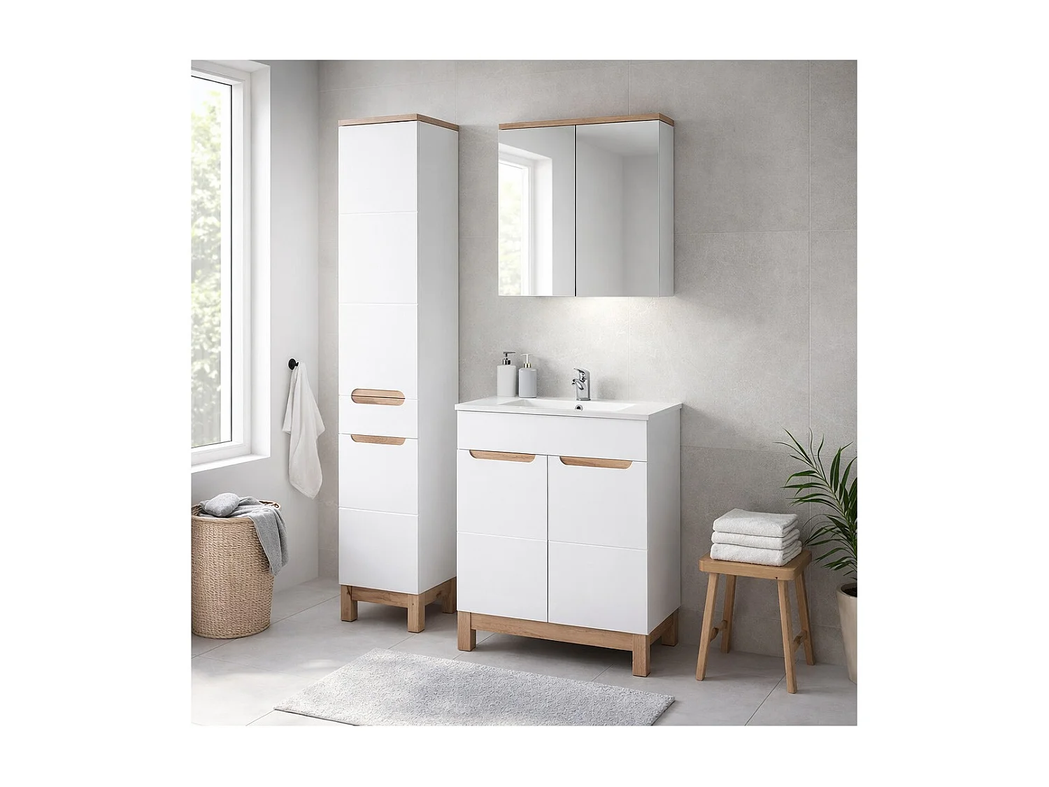 Ensemble ERMANO : meuble sous vasque 60cm + vasque à encastrer rectangulaire + siphon + colonne + rangement avec miroirs