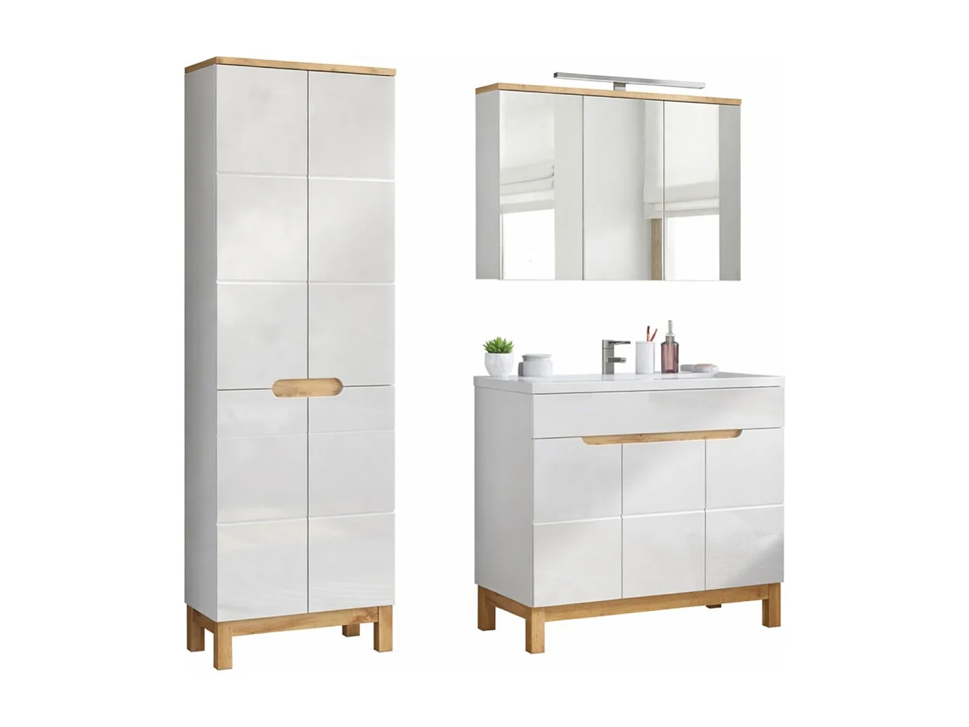 Ensemble de salle de bain ERMANO : meuble sous vasque 100cm + vasque à encastrer + siphon + rangements avec miroirs