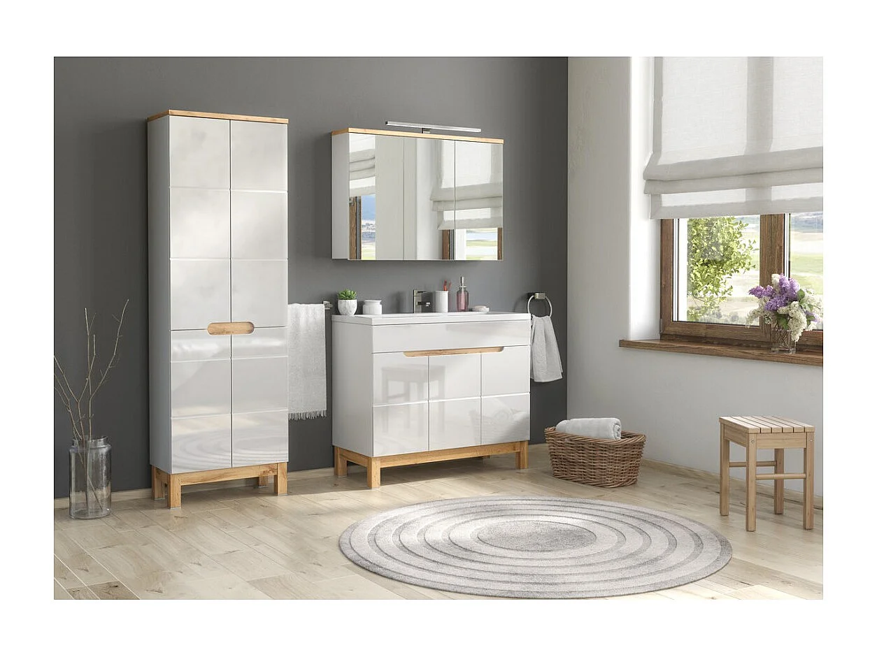 Ensemble de salle de bain ERMANO : meuble sous vasque 100cm + vasque à encastrer + siphon + rangements avec miroirs