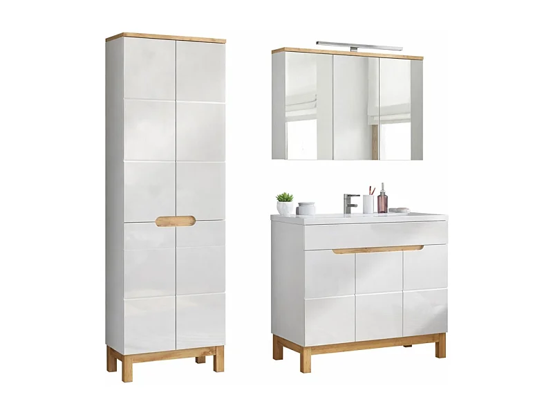Ensemble de salle de bain ERMANO : meuble sous vasque 100cm + vasque à encastrer + siphon + rangements avec miroirs