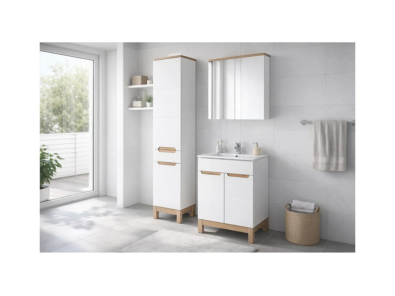 Ensemble ERMANO : meuble sous vasque 80cm + vasque à encastrer + siphon + rangements avec miroirs