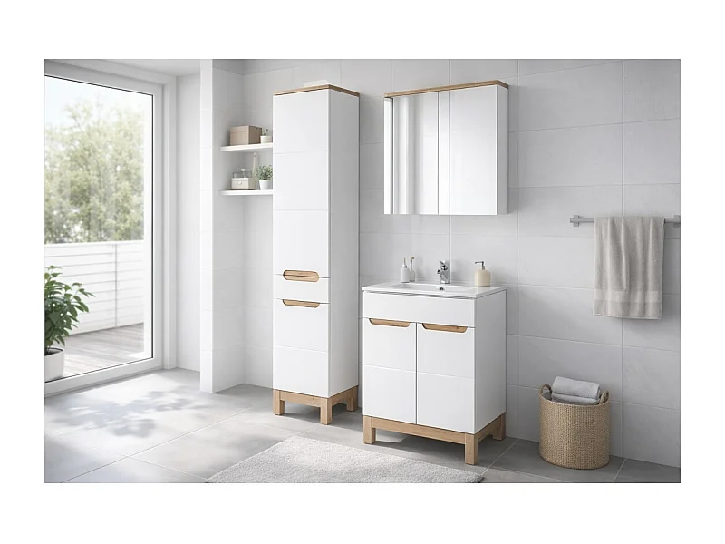 Ensemble ERMANO : meuble sous vasque 80cm + vasque à encastrer + siphon + rangements avec miroirs