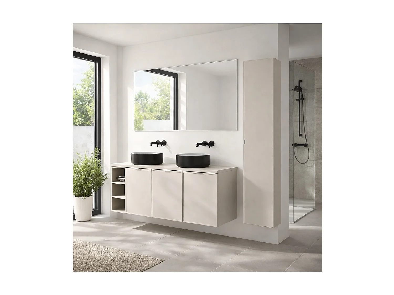 Ensemble BRAZZA : meubles sous vasque 140cm avec niches visibles + plan pour vasque + 2 vasques à poser rondes + colonne