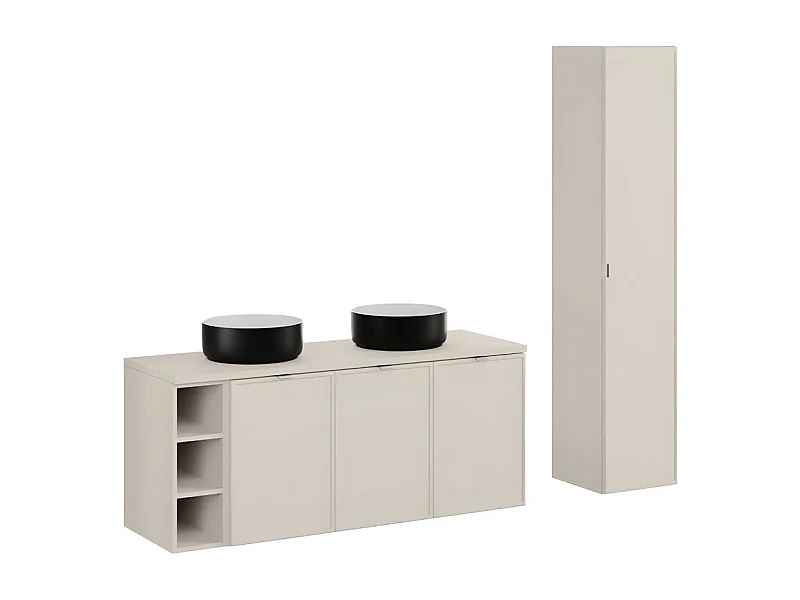 Ensemble BRAZZA : meubles sous vasque 140cm avec niches visibles + plan pour vasque + 2 vasques à poser rondes + colonne